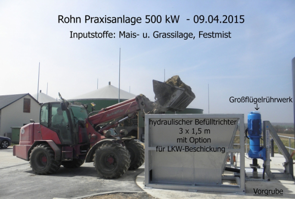 500 kw Praxisanlage mit neuem Rohn-Vorgrubenfütterungssystem RVF 15, Tagesinput ca. 25t Mais-/ Grassilage und Festmist.
